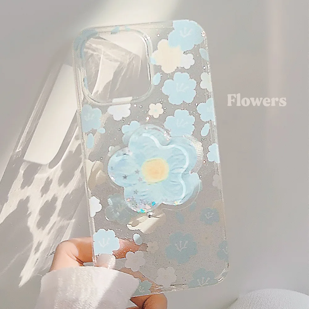 Hot Selling Phone Case For iPhone 14 ProMax 15 Plus 13 12 11 Clear Blue Small Flower Airbag Holder Anti Drop silicone Soft Shell