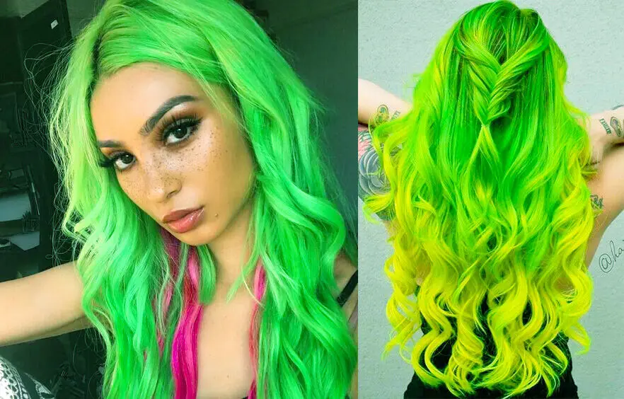 Peluca de pelo sintético para mujer, pelo largo ondulado, color verde y amarillo, regalo de Cosplay