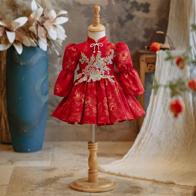 Red Chinese Cheongsam Dress Baby Girl 1st Birthday Gown for Children Banquet Celebration Traditional Qipao Princess Party Dress