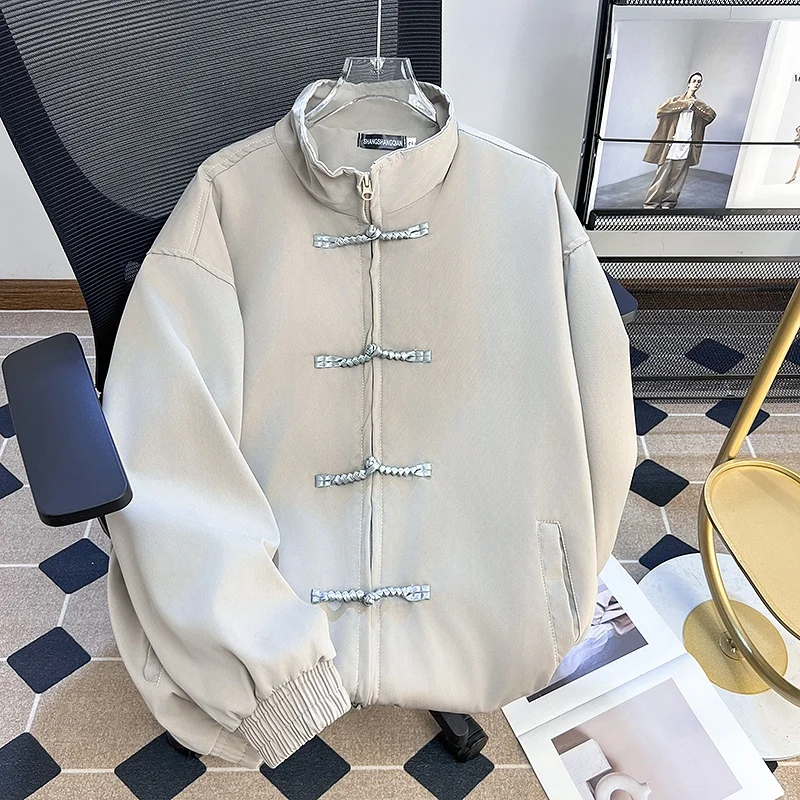 

Spring Autumn Loose Fit Zipper Collar Jaet New Chinese Sle Men's Outerwear Stand Size Polyester Fiber Long Sve