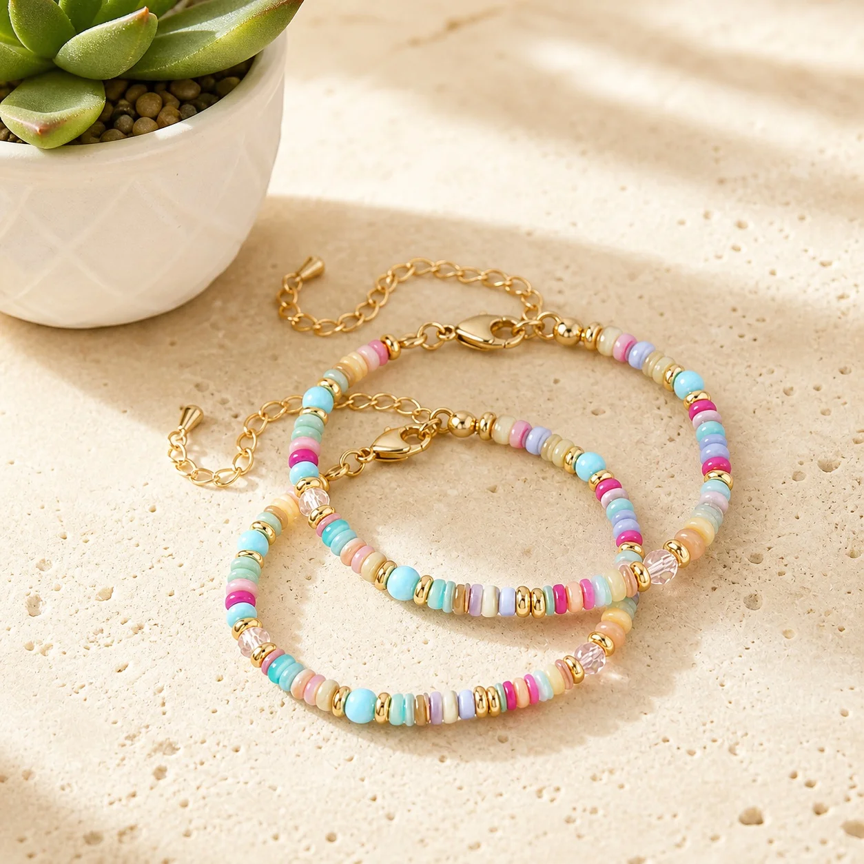 2pcs-pastel-round-shell-beaded-bracelet-with-gold-tone-copper-chain-lobster-clasp-sweet-romantic-beach-style-for-women