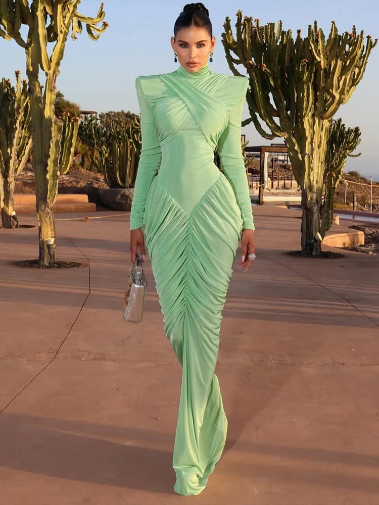 Kliou Ruched فستان طويل أنيق امرأة الياقة المدورة عارية الذراعين كم كامل نحيل عالية الخصر منتصف الليل حفلة موسيقية مثير موضة Bodycon