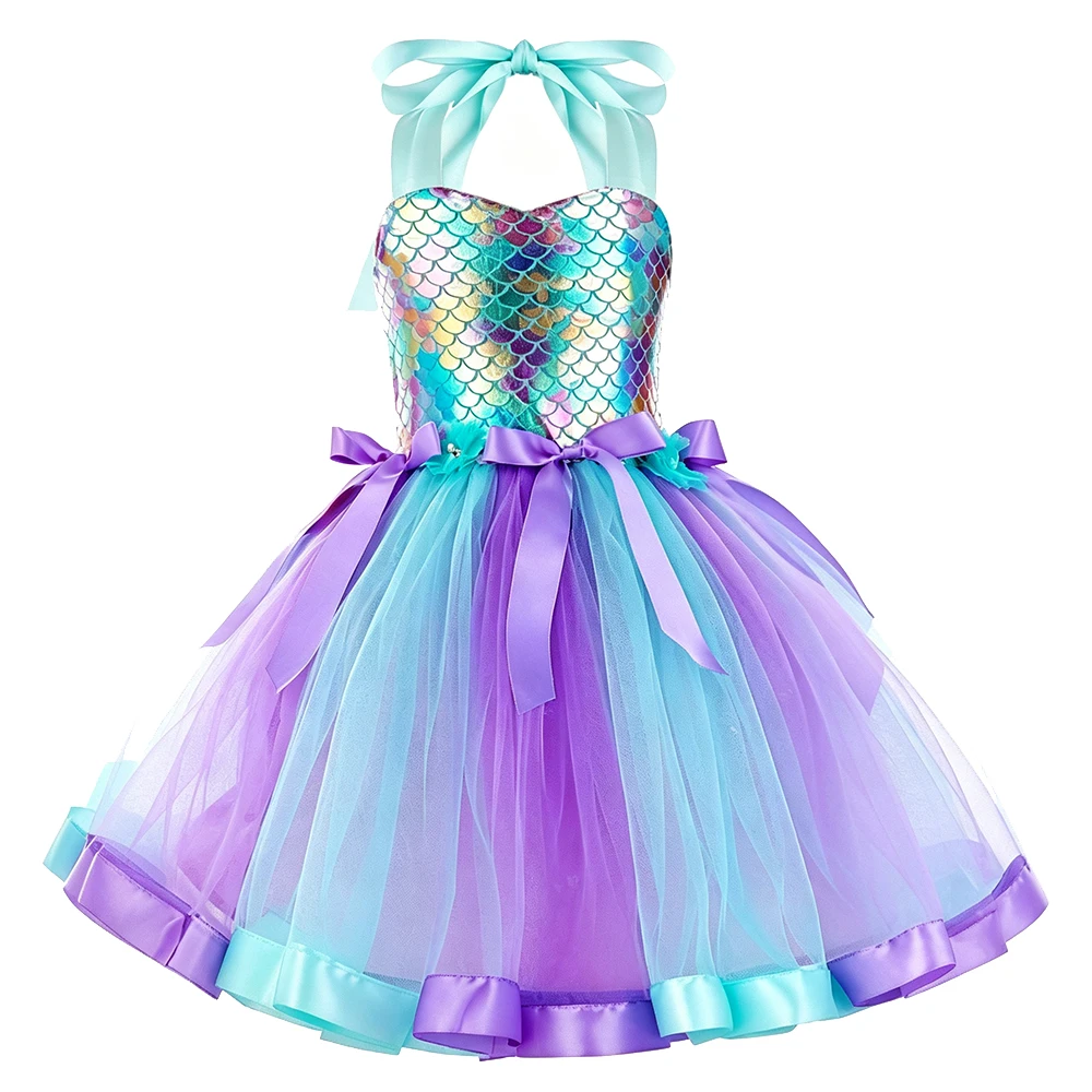 Girls 2026 Blue Purple Mermaid Ocean Princess Tutu Dress With Wand Crown Necklace Hair Ring Halloween Party Costume