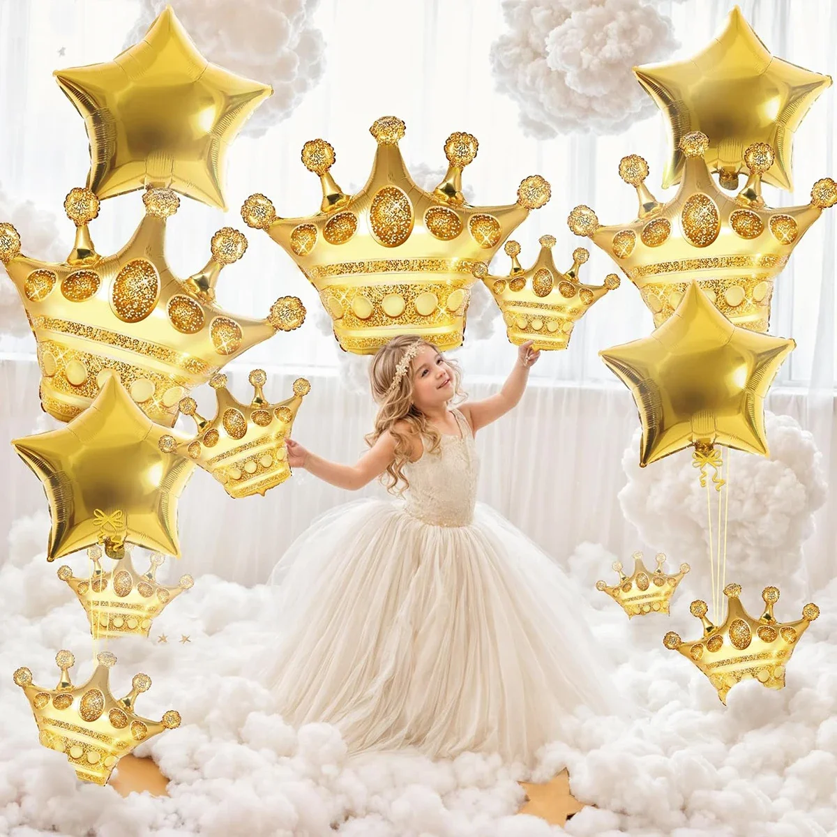 14-teiliges Set Große und Kleine Goldene Kronen Aluminiumfolien-Ballons Partydekoration Fotografie Hochzeit Babyparty Geburtstag Zubehör – Detail 3