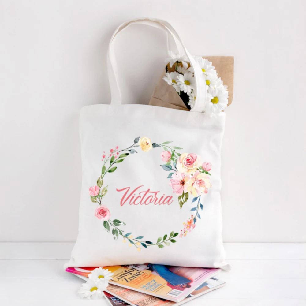 Benutzer definierte Name Blumenkranz jeden Tag Einkaufstasche Baumwolle Leinwand Schulter Shopper Einkaufstasche Studenten Lehrer Buch Reise Lagerung Handtasche