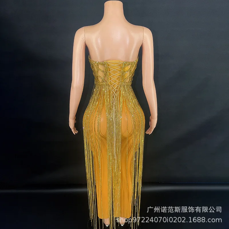 Golden Luxury Tube Tassel High-end Celebrity Social Evening Wear Company Annual Meeting Awards Ceremony Host Performance Clothes