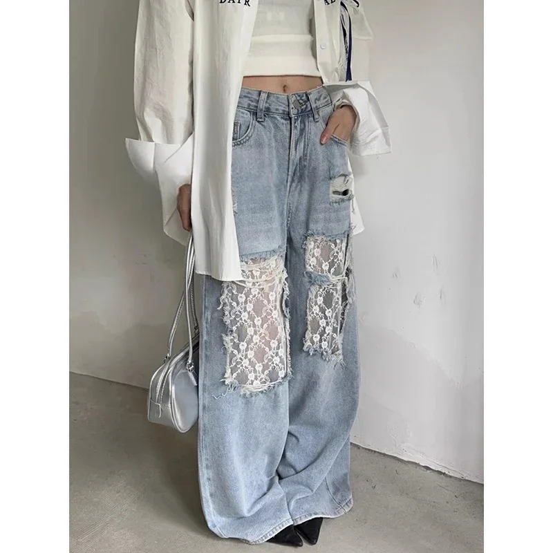 Vintage Y2K 2000s Jeans strappati in pizzo impiombato Donna 2025 Estate a vita alta American Retro Gambe larghe Pantaloni in denim Pantalones