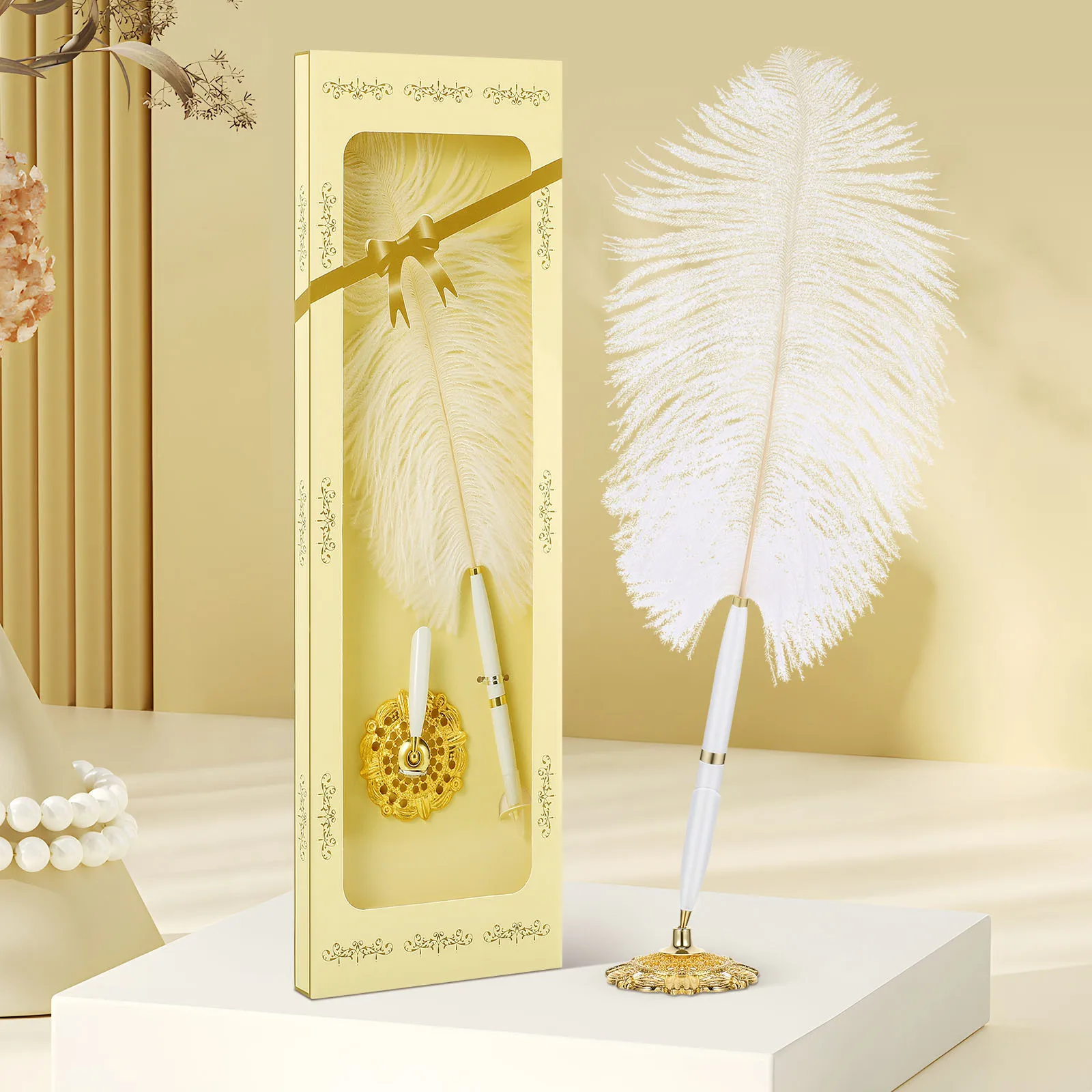 

White Ostrich Guest Pen Long Quill 360 Degree Rotatable Gold Base Wedding Reception Signing Pen
