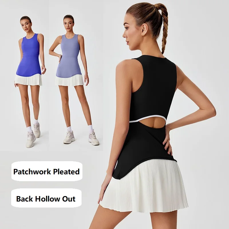 Summer Tennis Dress Hollow Out Backless Women Skirt Jumpsuit Patchwork Pleated Fitness Sports Dresses Running Pleated Skorts