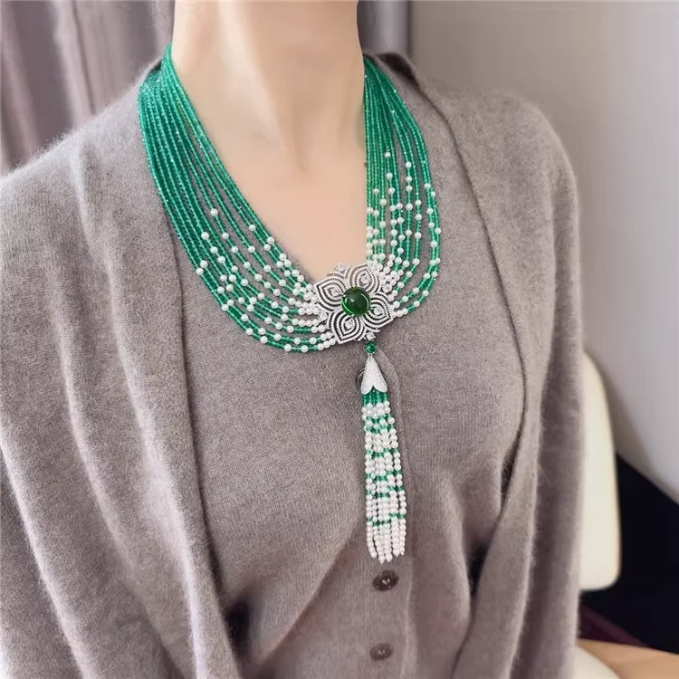 

Green agate pearl tassel fashion necklace sweater necklace