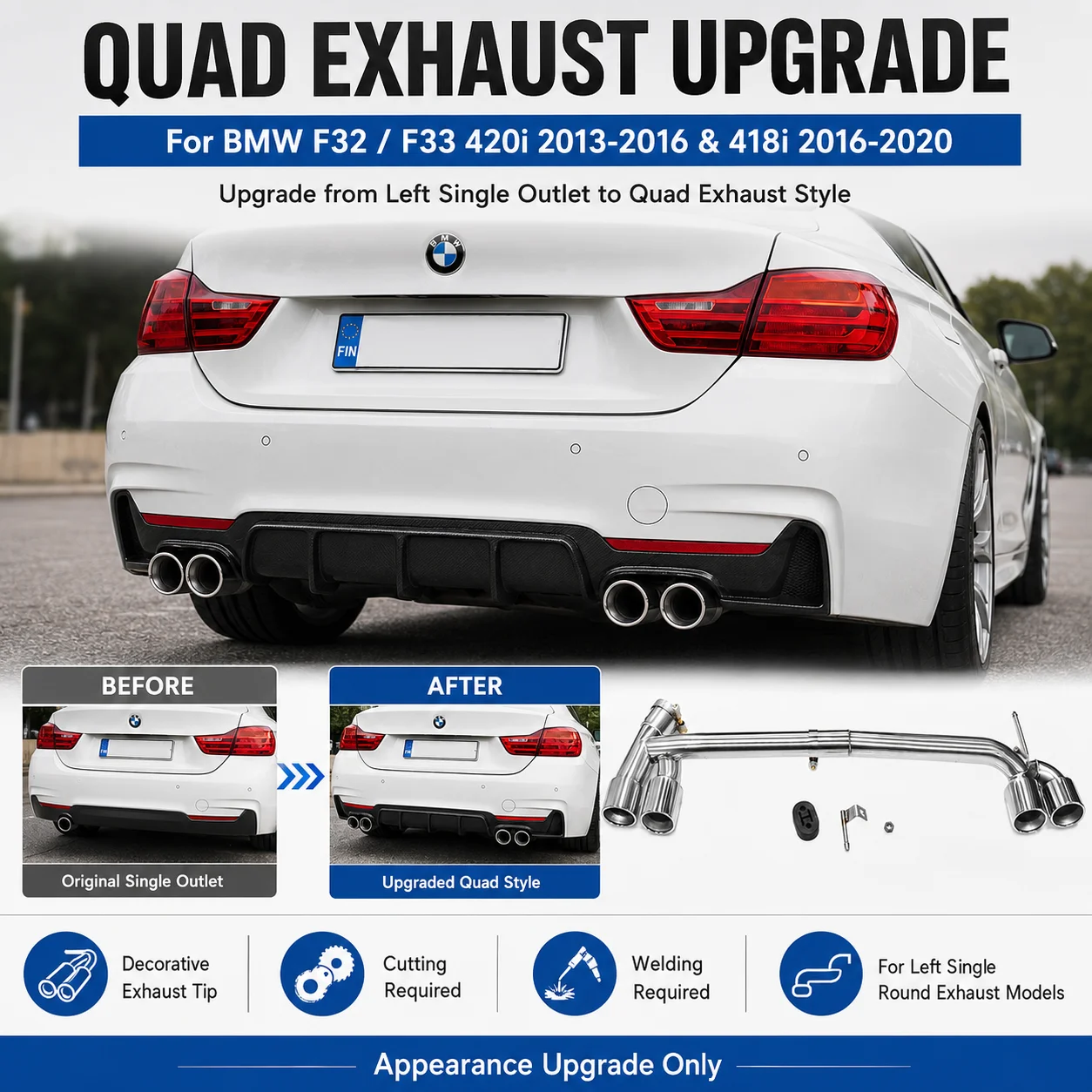 Quad Tailpipe Exhaust Tip For BMW F32 F33 418i 420i Petrol 304 Stainless Steel M Sport Style Diffuser Upgrade Muffler Nozzle