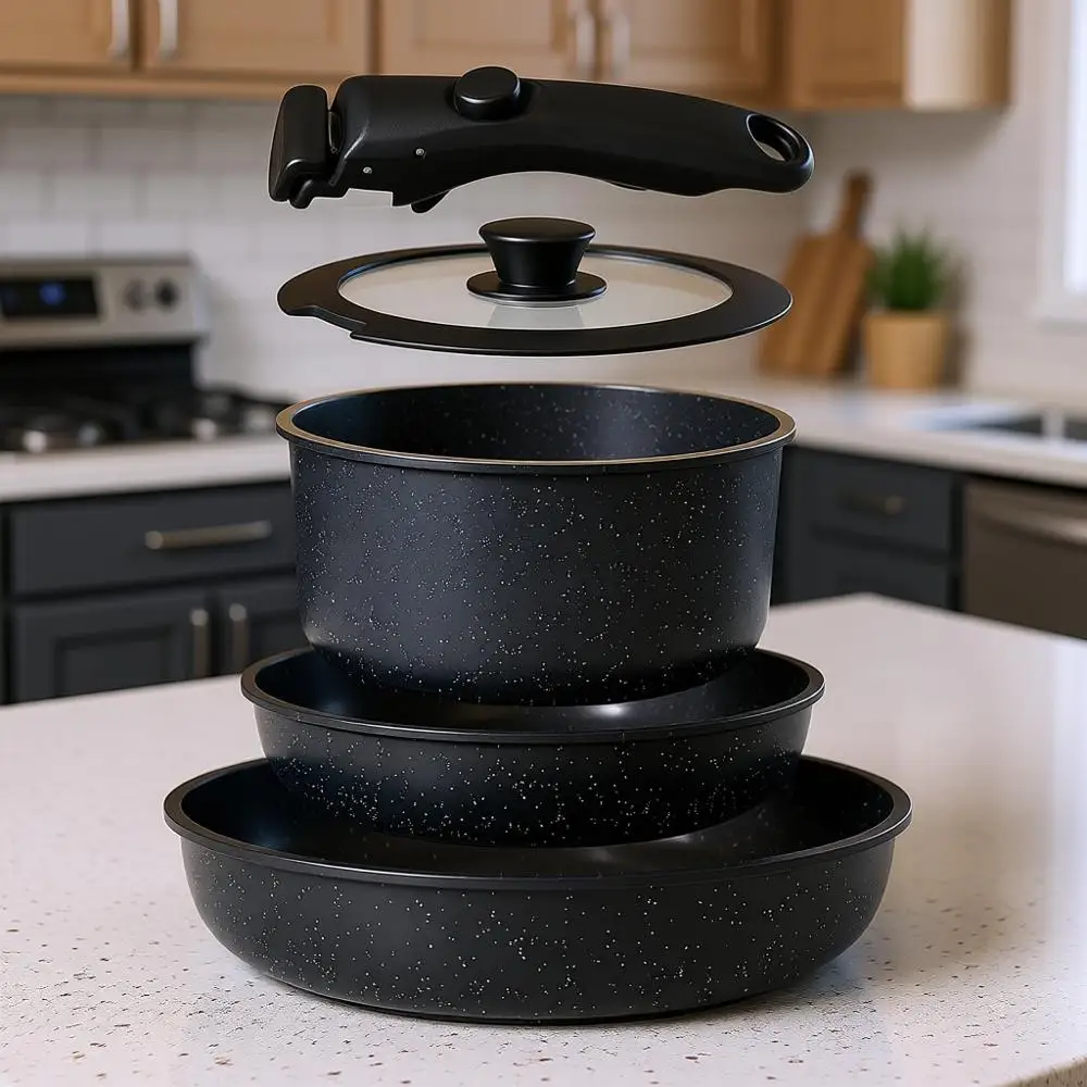 

Наборы посуды с антипригарным покрытием и съемными ручками, нетоксичные индукционные кастрюли и сковороды со съемной ручкой, посуда для автодомов, можно мыть в посудомоечной машине