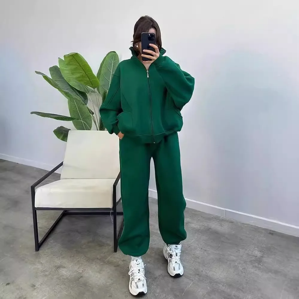 

Solid Sports Suit For Women Casual Stand Up Collar Zipper Pocket Top Elastic Waist Trousers 2 Piece Set Plus Velvet Keep Warm