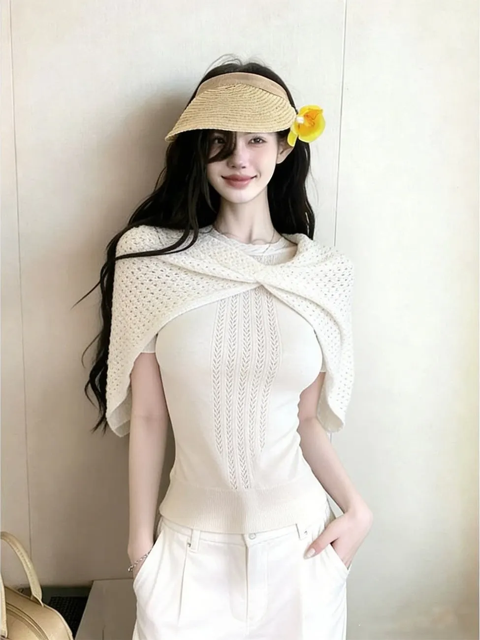 

Elegant Knitted Short Sleeve T-Shirt Women's Summer Shoulder Wrap round Neck Design Slim Fit Two-Piece Set Breathable Casual ...