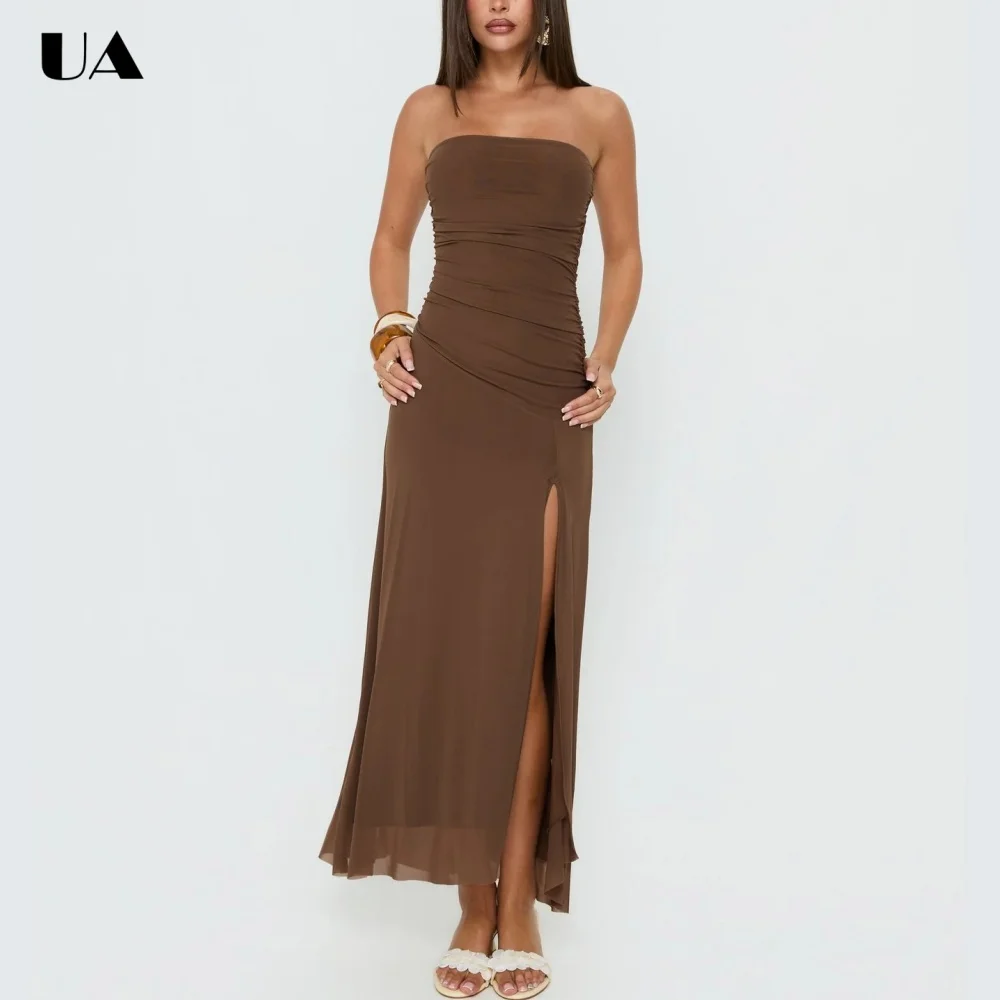 ULBYANRN Sexy Sheath Strapless Prom Dress for Woman, Simple Solid Shirring Evening Dress, Customized Sleeveless Slit Party Dress
