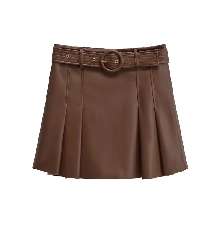 

Универсальная женская плиссированная юбка с высокой талией, дизайнерская модель с поясом, из искусственной кожи, с широкими складками, короткая, до колена