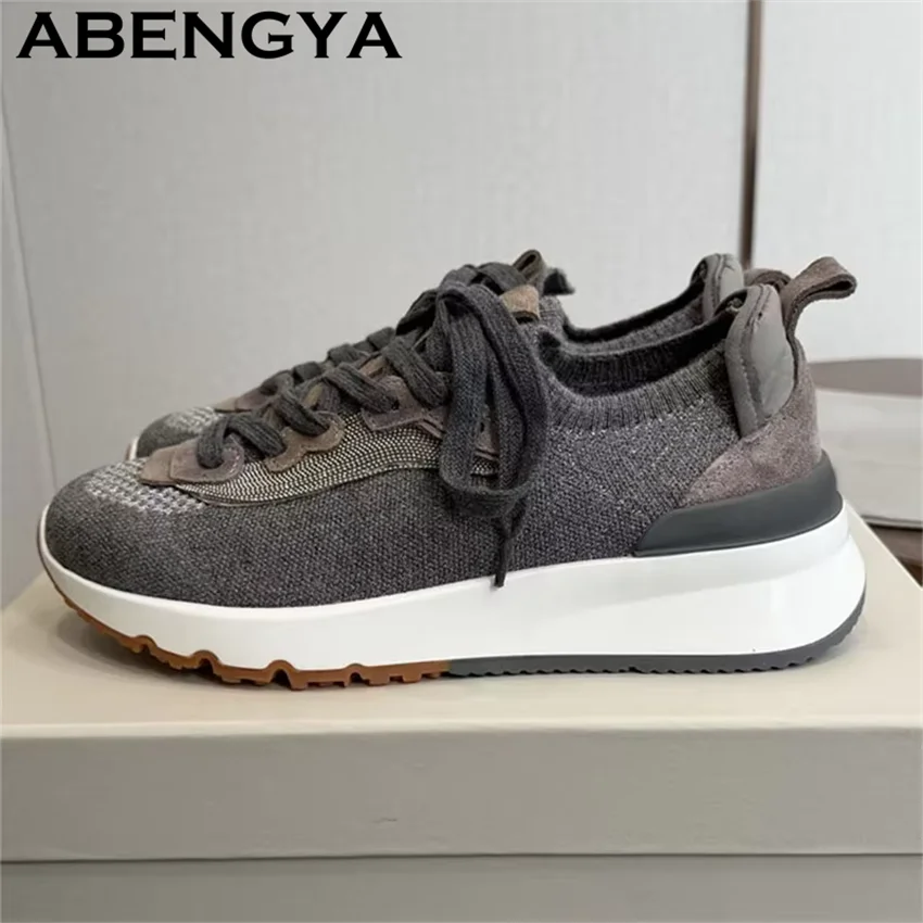 Knitted Lace Up Road Running Shoes for Women Cushion Outdoor Flat Shoes Trainers Sport Shoes Autumn Jogging Shoes Women Footwear