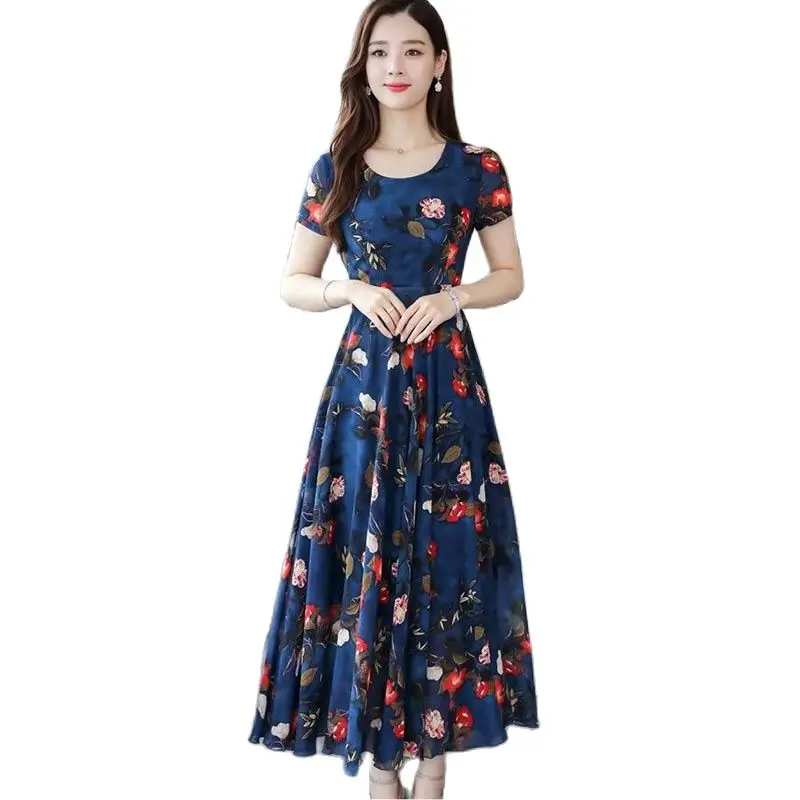 

Fashion Short-sleeved Dress Women's New Summer Round Neck Floral A-line Skirt Middle-aged Long Temperament Over The Knee Skirt