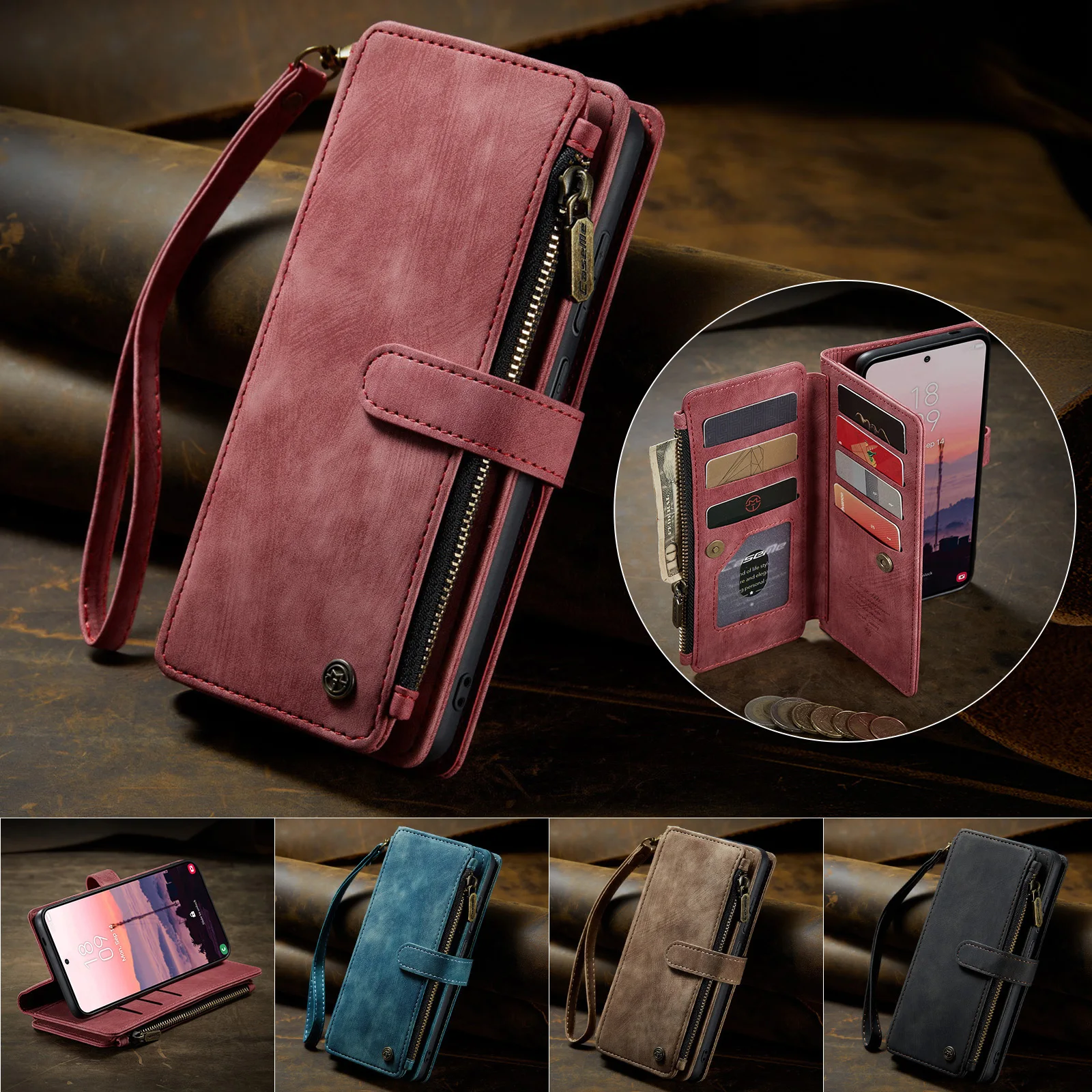 

CaseMe-C30 для Samsung GALAXY S26, S26 Plus, S26 Ультра роскошный магнитный флип-чехол из искусственной кожи с запястьями, чехол-держатель для карт