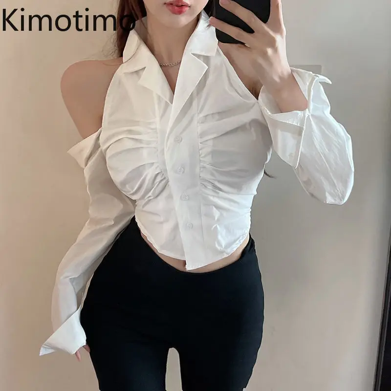 

Короткая рубашка Kimotimo, женские топы, темпераментная блузка с открытыми плечами и длинными рукавами, облегающая блузка со складками, однотонные универсальные майки для девочек