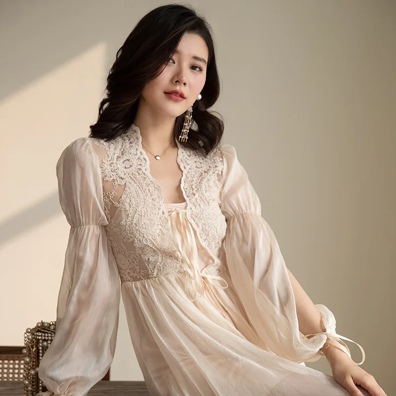 Luxury Wedding Bride Female 2 Pieces Robes Sets Long Sleeve Elegant Lace Embroidery Long Nightgowns Bride Satin Bathrobe