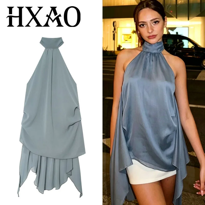 HXAO Asymmetrisches Neckholder-Top für Damen, ärmellos, rückenfrei, schulterfrei, plissiert, Tank-Top, elegant, lässig, Sommer, Streetwear, Westen