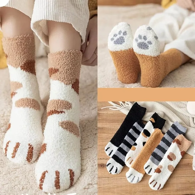 

Kawaii Cartoon White Socks for Women Sweet Cute 3d Dog Cat Paw Pattern Coral Fleece Warm Funny Socks Home Floor Sleeping Sock