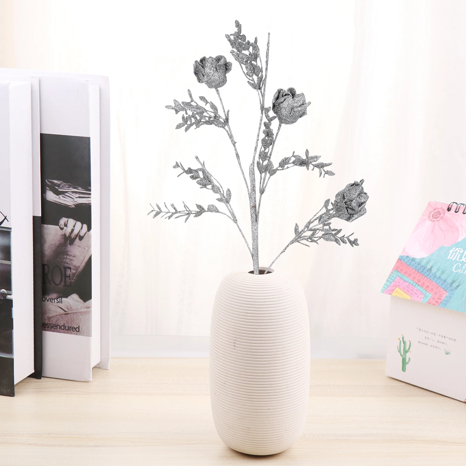 

Artificial Roses Christmas Decorations Glitters Flower Silver Plastic Flowers for