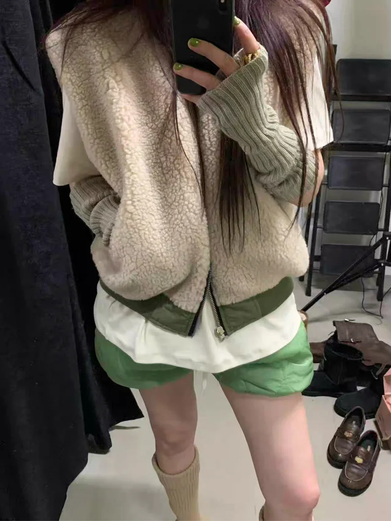 

Ladies' Loose Fit Lamb Fur Vest Double-Sided Wear Autumn Winter Thiened Warm Casual Sle ort Coat Zipper Closure