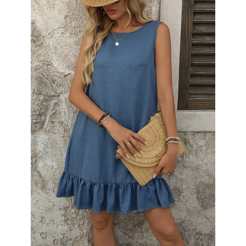 Damenweste, Overall, Rundhalsausschnittrock, gerüschter Rand, ärmellos, lässige Mode, elegantes Temperament, neues Sommerprodukt