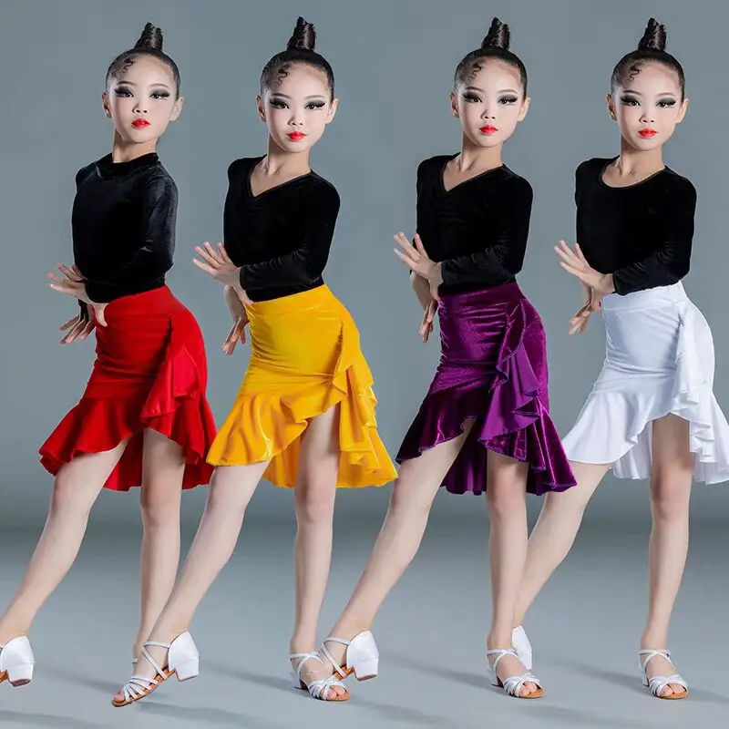 

Children's Latin Dance Dress Autumn Winter Practice Competition Clothes Girls Velvet Long Sleeve Performance Clothes