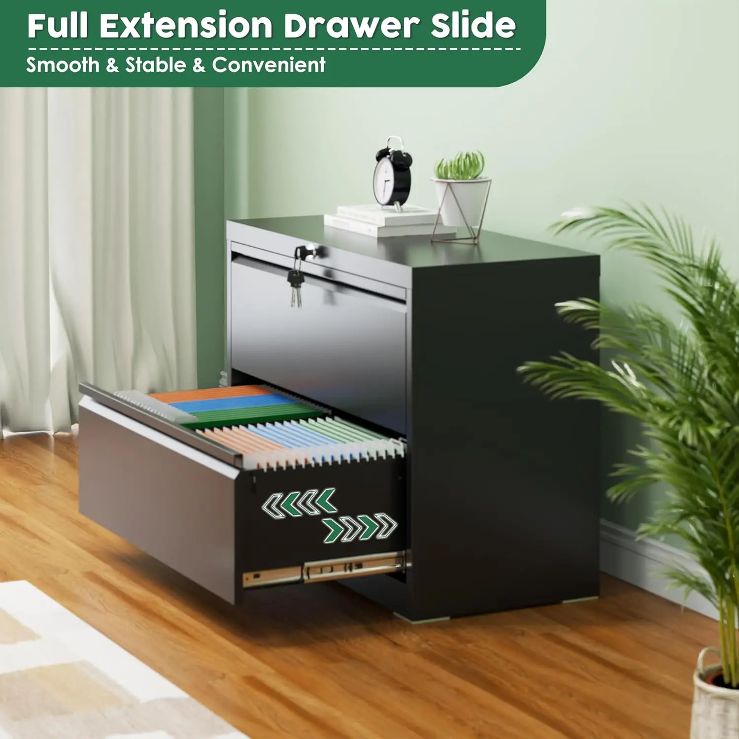 2 Drawer Wide Lateral File Cabinet, Metal Filing Cabinet with Lock, Suitable for Home Office School Hanging Files Letter/Legal/F