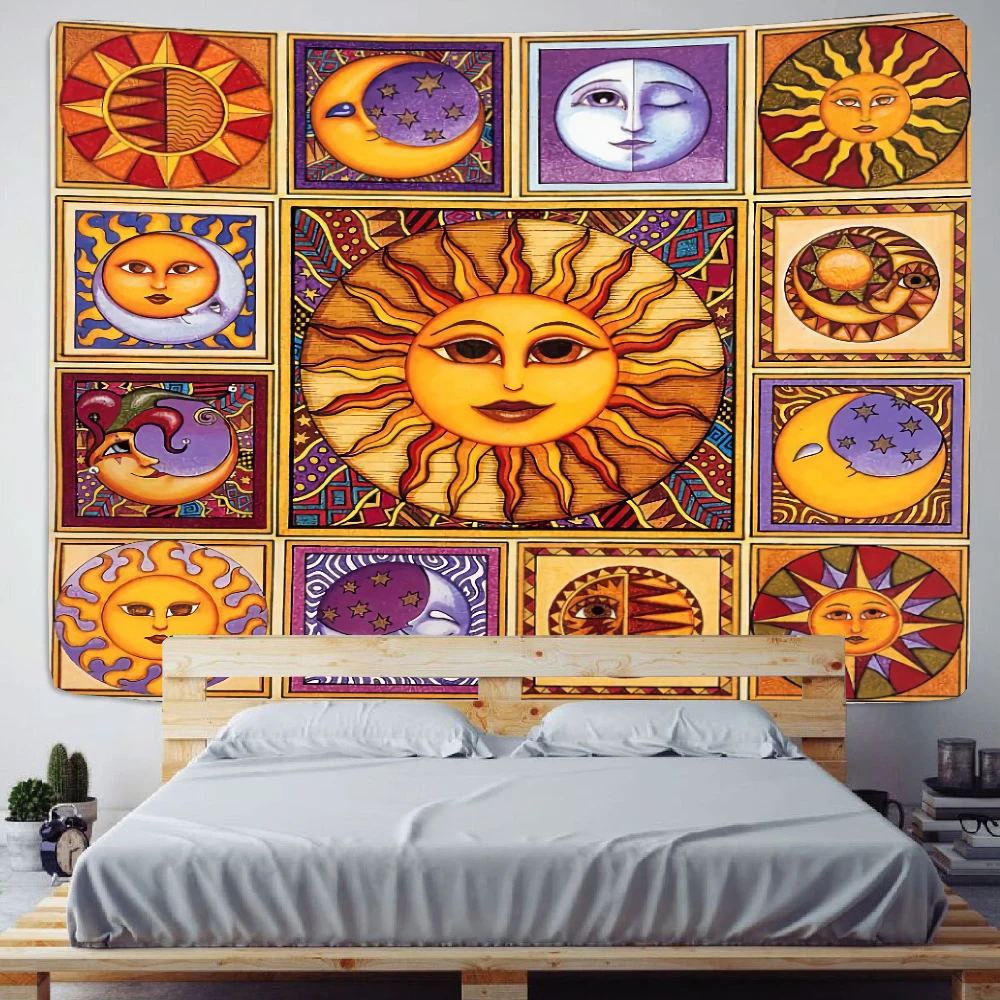 Psychedelic Moon Mandala Tapestry Wall Hanging Tarot Card Astrology Art Hippie Background Cloth Dorm Mattress Rug Home Decor