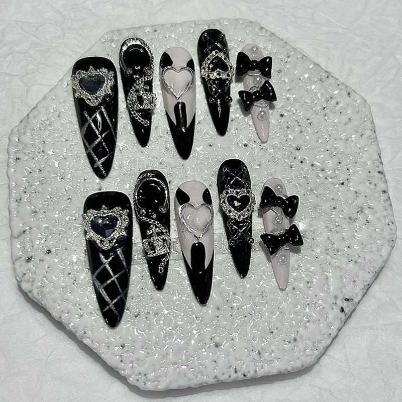 

10 Pieces Punk Style Y2k Spicy Girl Handmade Press On Nails Crown Bow Luxury Fake Nails