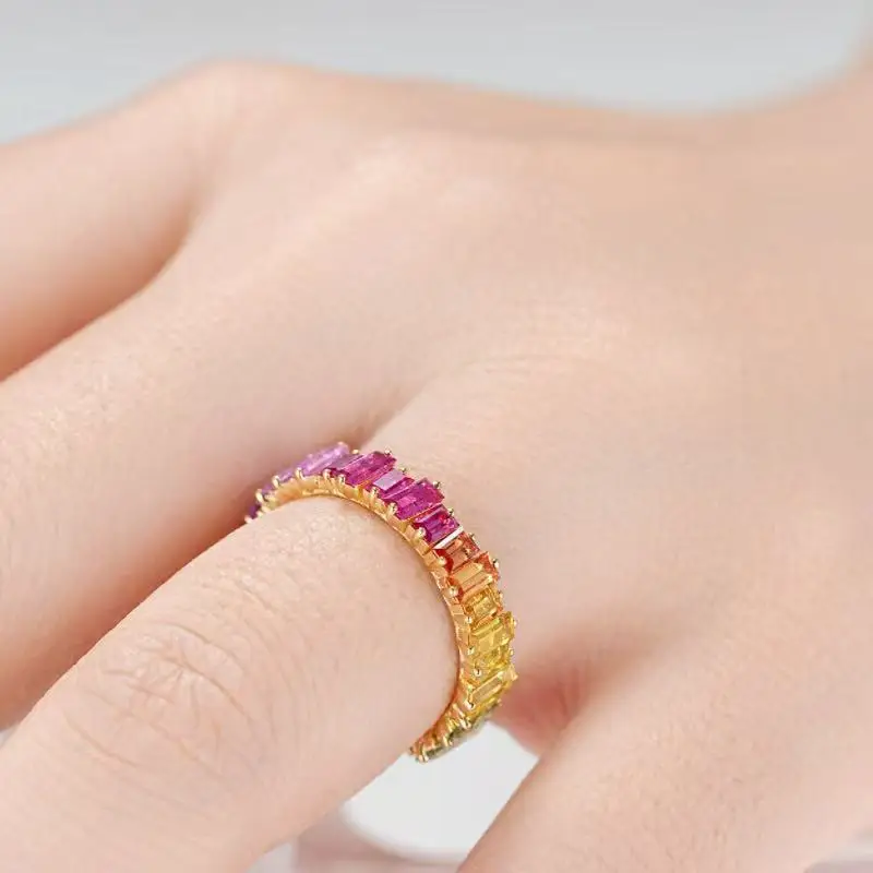BELLUX Solid 18K Gold Natural Sapphire Rainbow Color Ring k gold Woman rings Real gold jewellery woman original mark ring Luxury