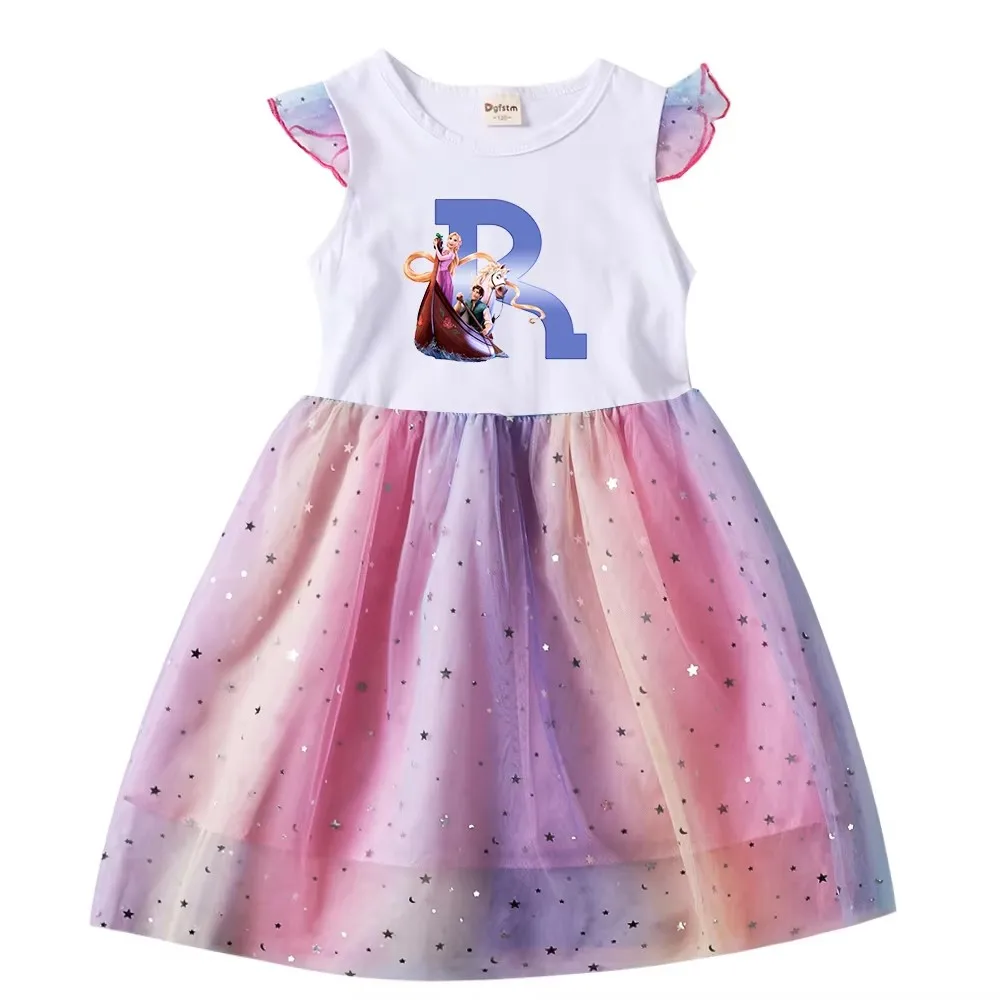 Tangled Rapunzel Princess Toddler Prom Mesh Dresses Summer Kids Dresses for Girls Cartoon Short Sleeve Princess Dress