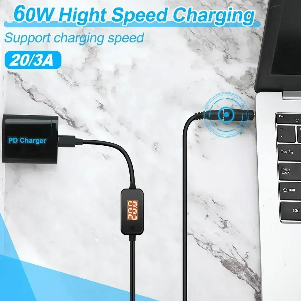 كابل شحن سريع PD بجهد قابل للتعديل 5-20 فولت، محول طاقة من النوع C إلى تيار مستمر 5.5 × 2.1 مم لأجهزة الكمبيوتر المحمولة (لينوفو، أسوس، HP، أيسر) #3