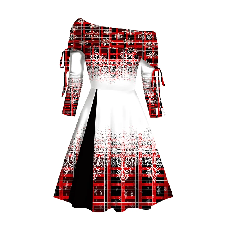 2024 Women's Christmas Dresses Plaid Snowflake Print Off The Shoulder Dress Cinched Long Sleeve Mini Godet Dress