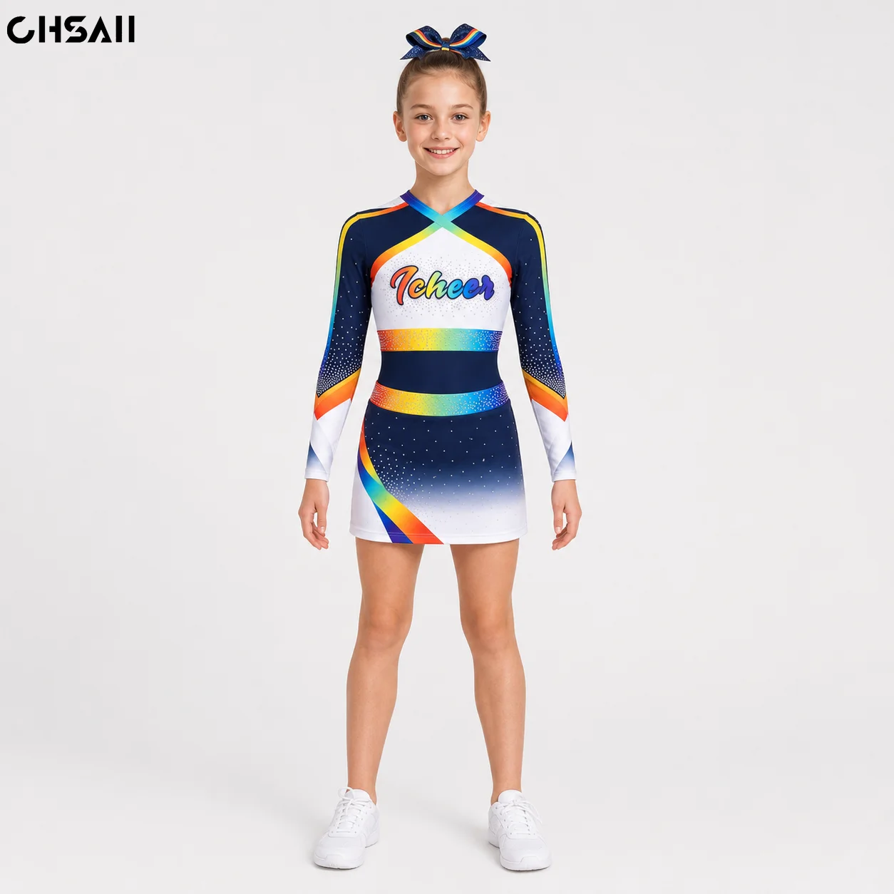 Girls Navy White Rainbow Rhinestone Cheerleading Uniform Long Sleeve Gradient Dress Kids Team Competition Dance Costumes Outfits