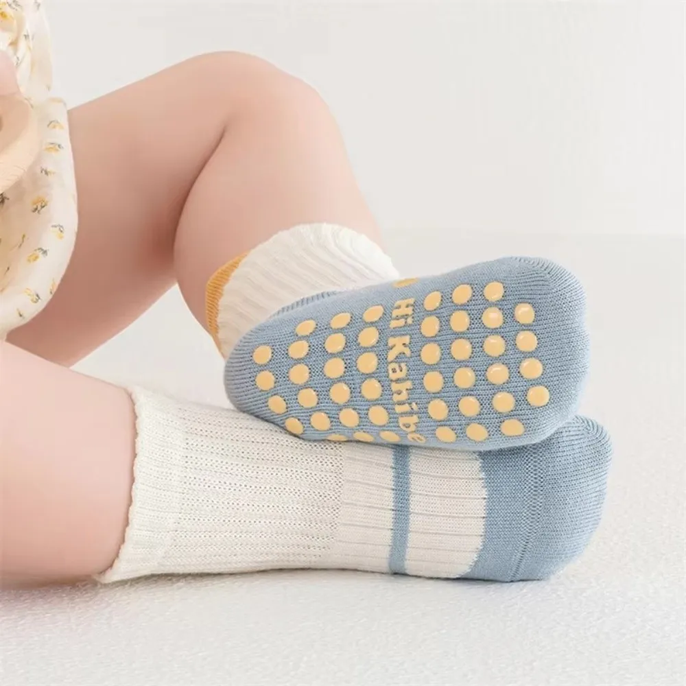 3 Pairs Rubber Grip Sole Anti-Slip Socks Soft Cotton Elastic Cuff Toddler Cotton Socks Comfortable Non-Slip Baby Grip Socks
