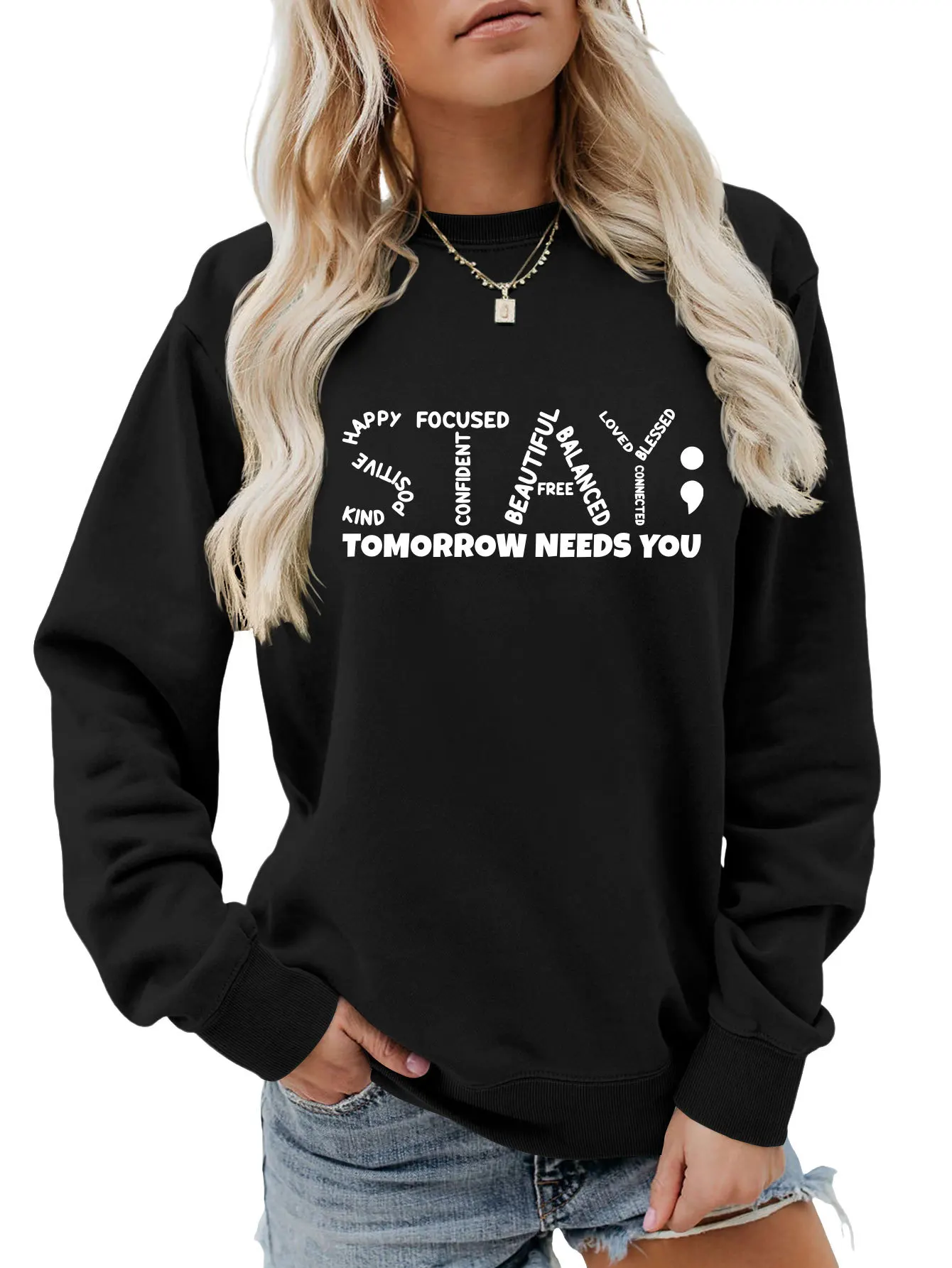 Autumn new long-sleeved T-shirt hoodie kind positive happy stay tomorrow printed loose fashion crew-neck top ladies all fashion