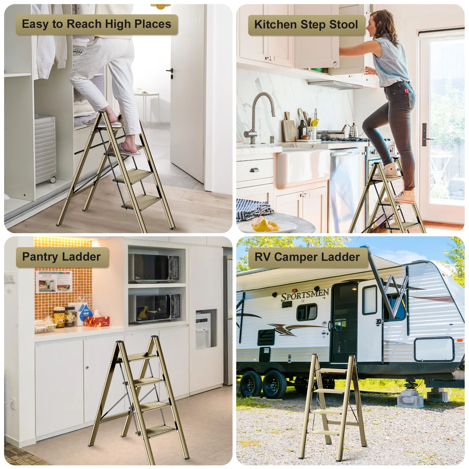 Ladnamy Champagne 4 Step Foldable Miter Ladder Household Small Ladder Thickened Aluminum Alloy Stairs Stool