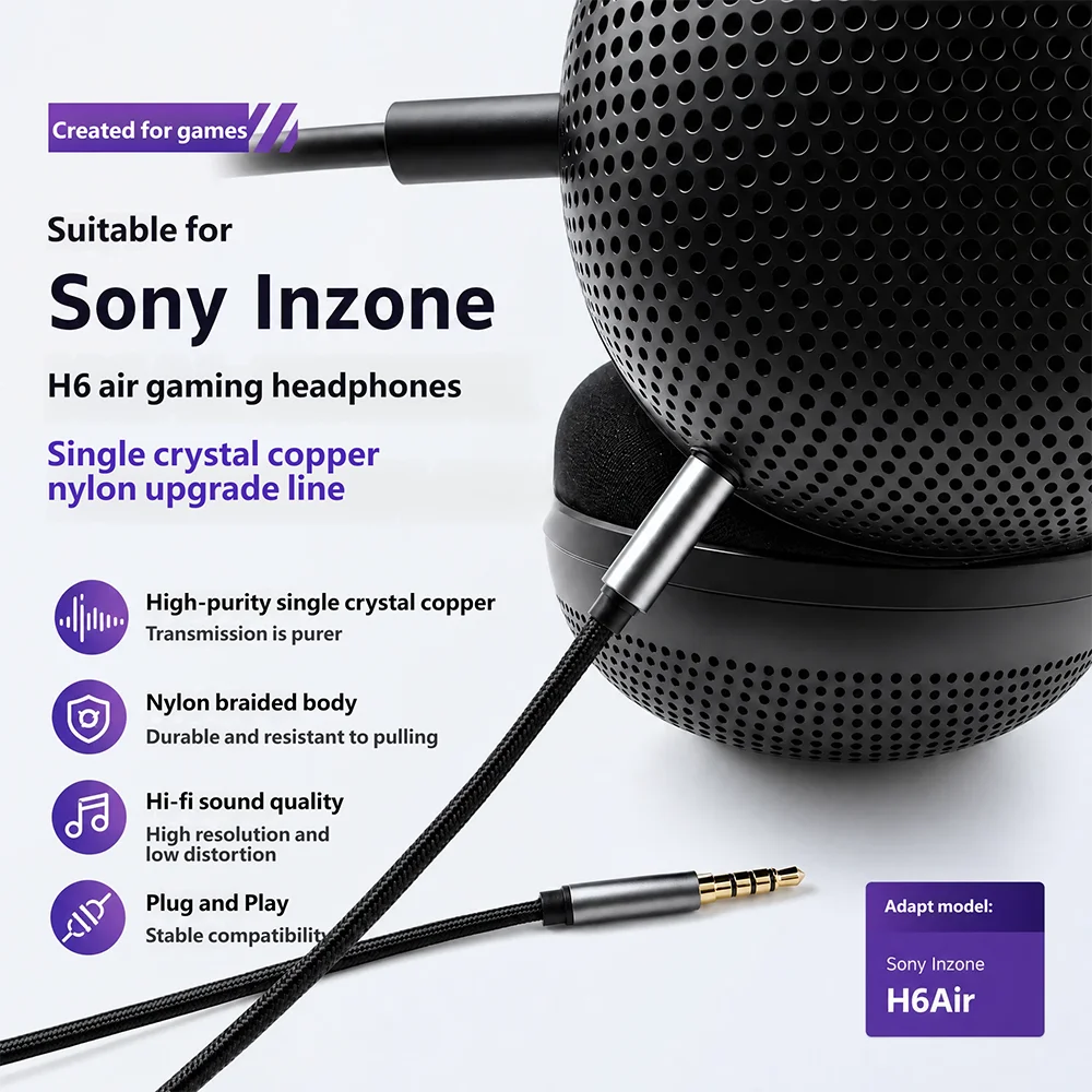 FOR Sony Inzone H6 Air Headphone Cable Audio Wire Braided Extension Replacement Cable