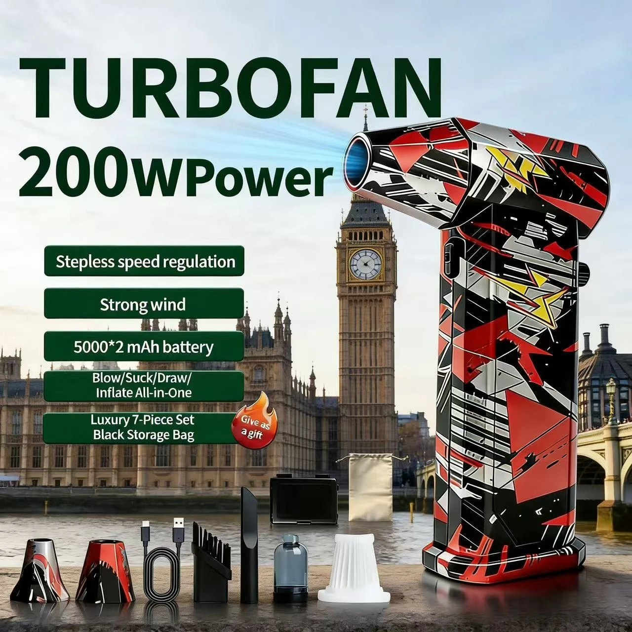 

X9 Мощный воздуходувка 650000 об/мин Бесщеточный жестокий вентилятор Вакуумный пылеочиститель Сильный ветер 53 м/с Турбоструйный вентилятор Type-C Rechargin