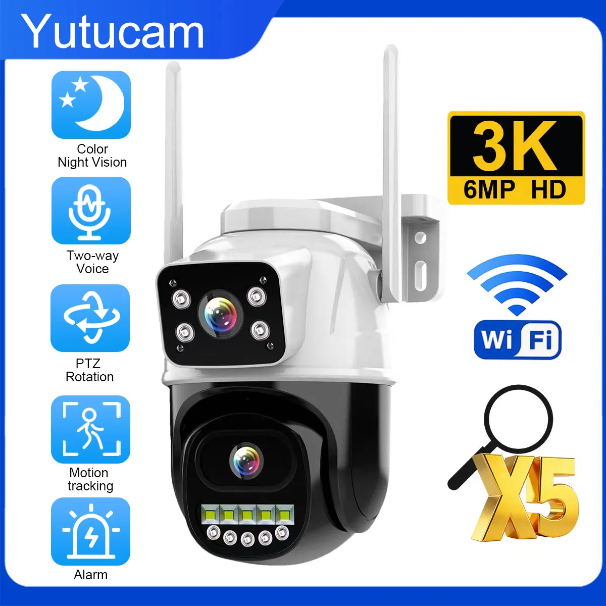 

Wi-Fi dual-lens outdoor camera, 8MP HD 4K, IP66, motion detection, dual audio, full-color night vision, home video surveillance.