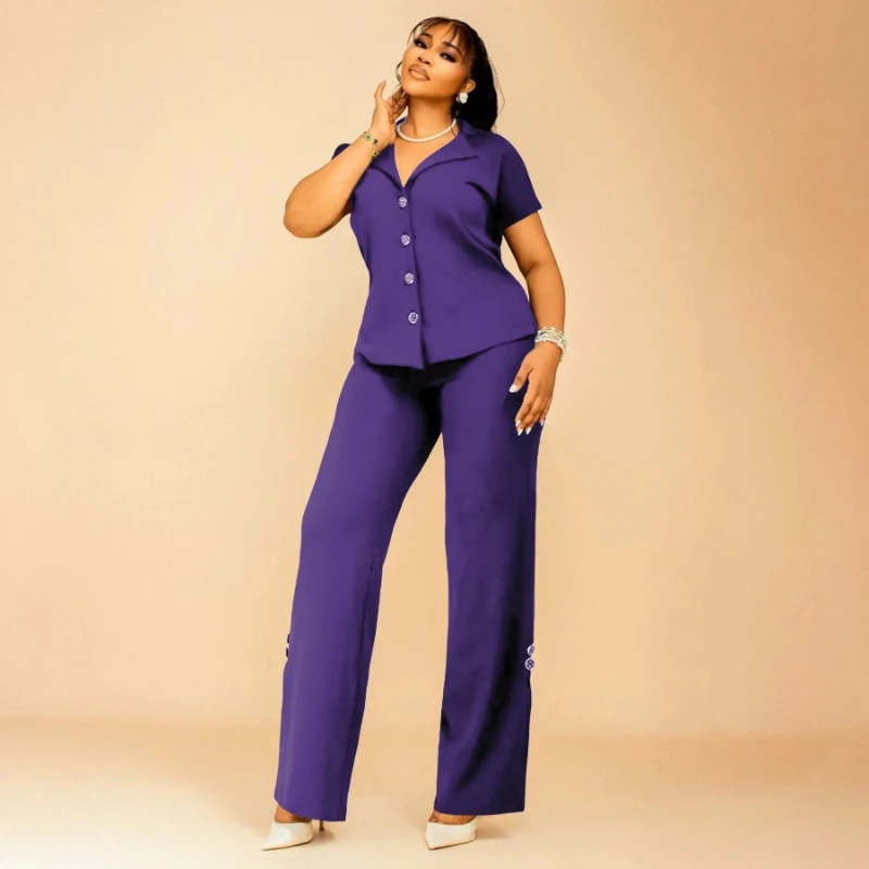 

Two Piece Sets Pant Set Women Turn Down Collar Short Sleeve Tops Wide Leg Long Pants High Waist Y2k Streetwear Elegant 2026