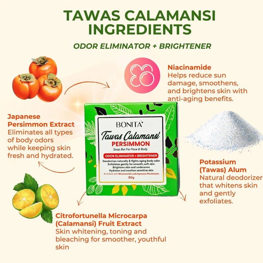 Tawas Calamansi Persimmon Soap 80g Odor Eliminator Brightening Face Body Bar Soap Niacinamide Cleanser For Underarm Skin Deodori