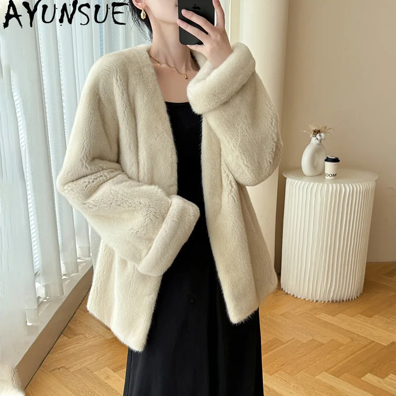 AYUNSUE Natuurlijke Nertsenbont Jas Vrouw V-hals 2025 Winter Echt Bont Jas voor Vrouw Kleding Hoge Kwaliteit Hele Nertsen Moquaба Ж Diego