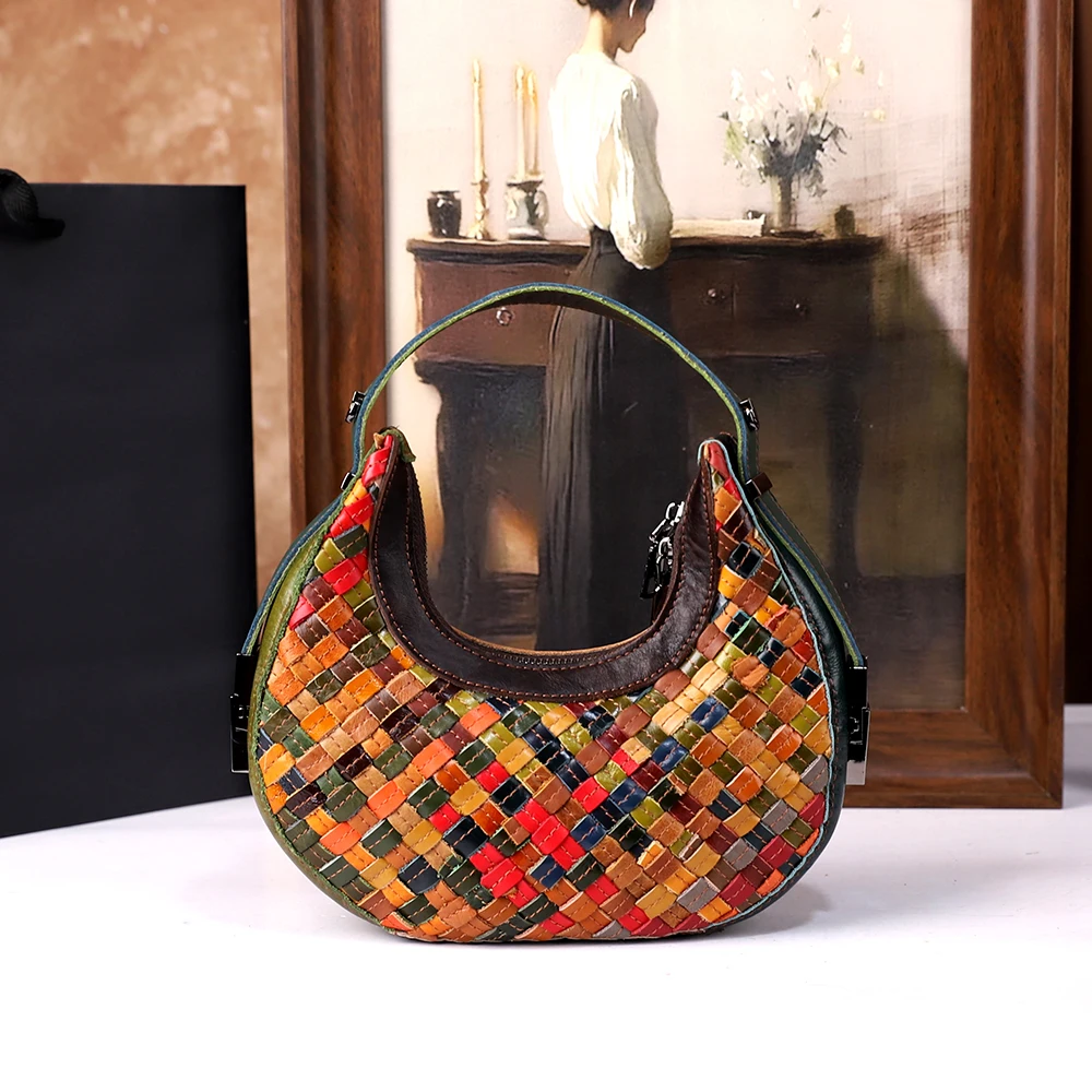 

2025 New high-end leather retro hand-stitched woven horn bag crossbody handbag fashionable underarm bag