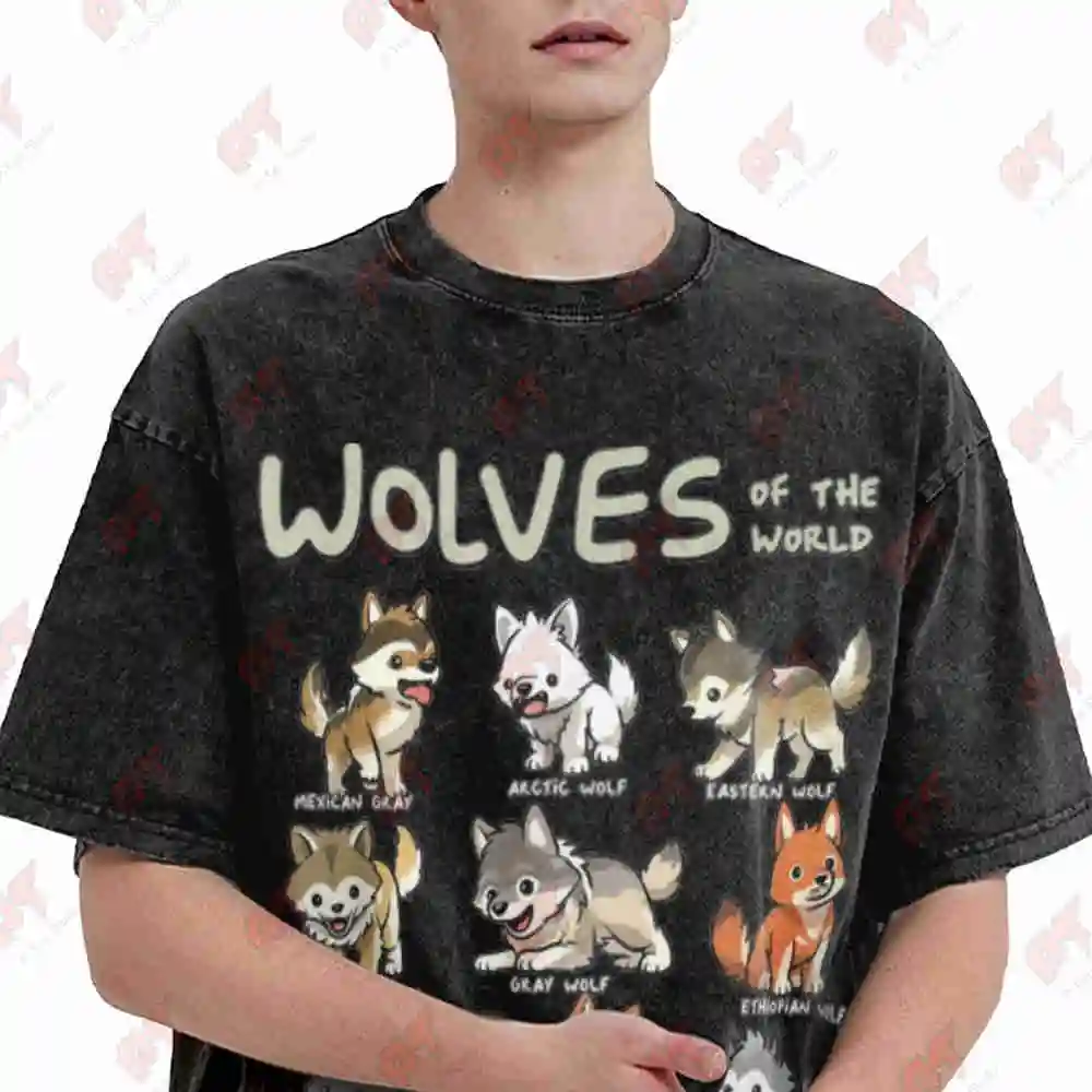 Wolf Lover Chibi Husky Akita Vintage Washed Tee Pure Cotton T-Shirt